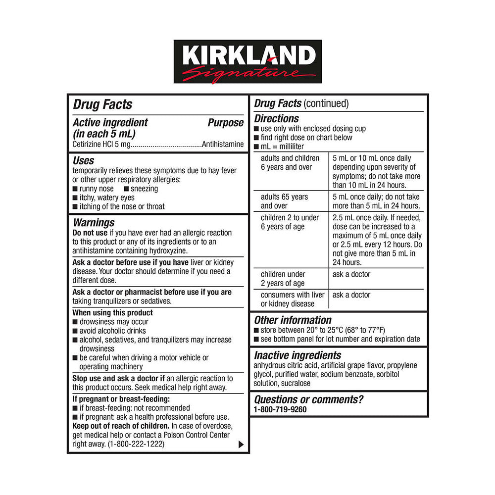 Siro chống dị ứng trong vòng 24h Kirkland Signature Children’s Aller-Tec 2 tuổi trở lên 2 x240ml - hình ảnh chi tiết 3