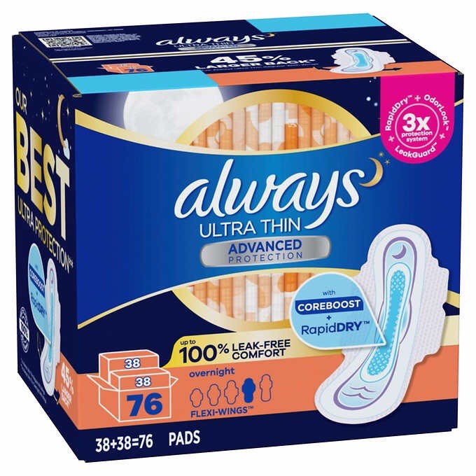 Băng vệ sinh Always Ultra Thin Advanced Overnight Pads, 76-count (nguyên hộp) - hình ảnh sản phẩm chính
