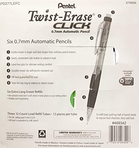 Set Viết Chì Có Ngòi Thay Pentel Twist-Erase Click Mechanical Pencil, 15-count - hình ảnh chi tiết 3