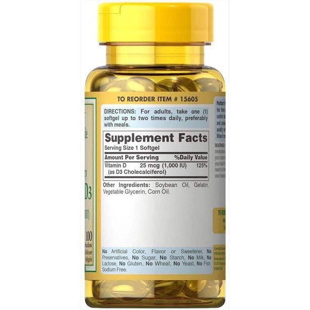Viên uống bổ sung Vitamin D3 25mcg 1000IU, Puritan’s Pride 100 viên - hình ảnh chi tiết 2