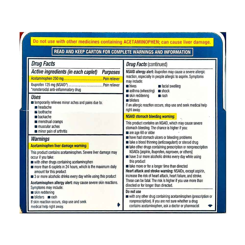 Viên giảm đau, hạ sốt Advil Dual Action Acetaminophen 250mg Ibuprofen 125mg 72 Caplets - hình ảnh chi tiết 4