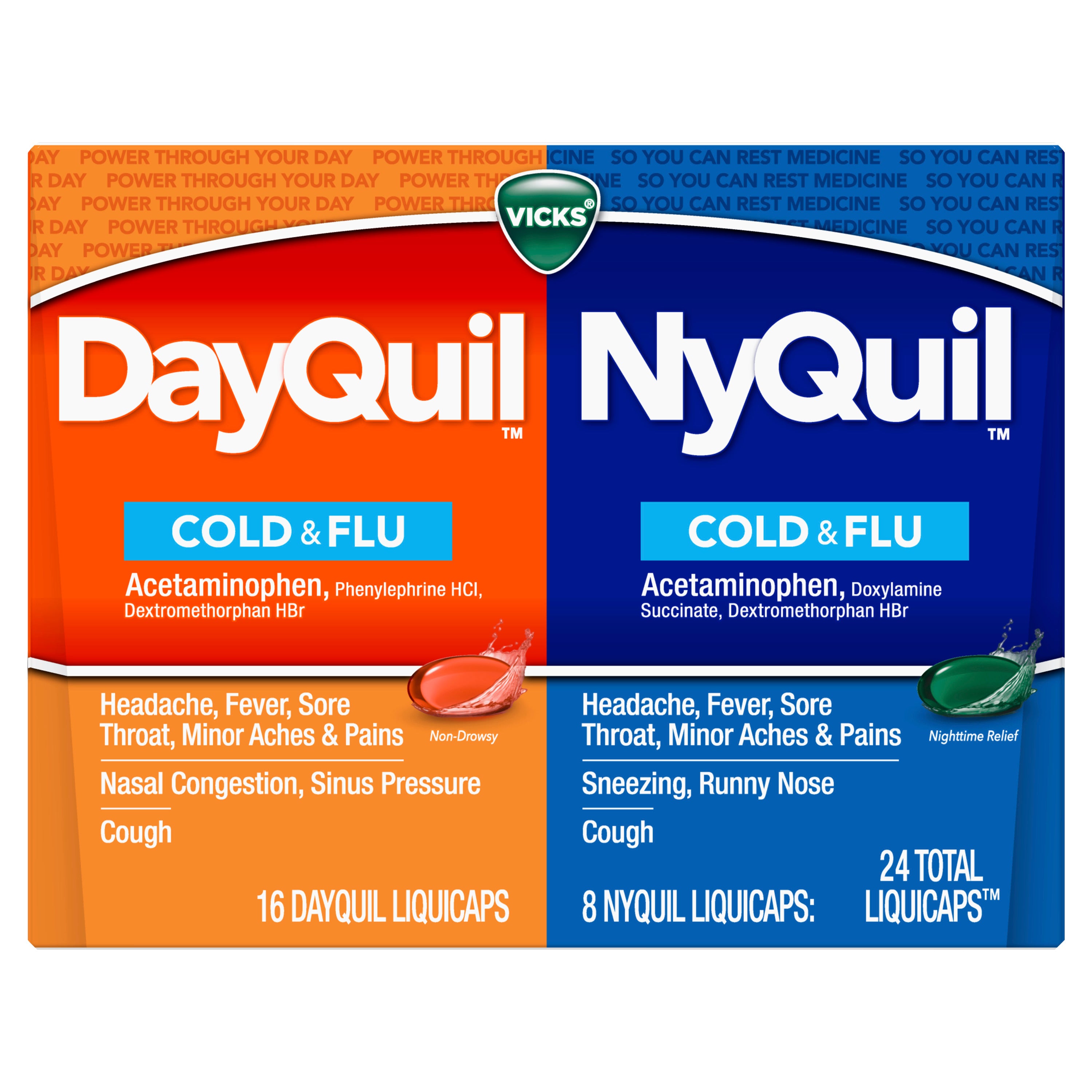 Viên uống trị ho cảm cúm Vicks DayQuil & NyQuil Severe Cold & Flu Relief Liquicaps - Acetaminophen - 24 viên - hình ảnh chi tiết 2