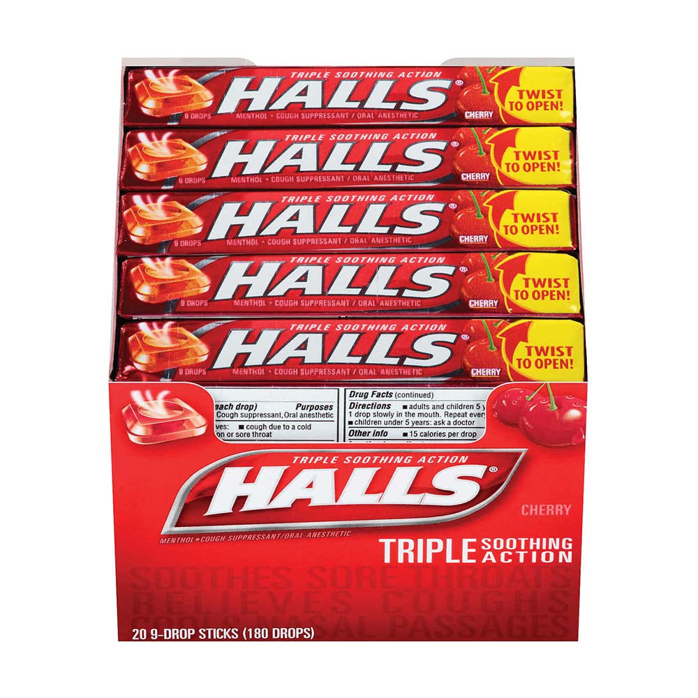 Kẹo Halls thông cổ, mát họng Halls Cough Drops, Cherry, 9-count, 20-pack - hình ảnh sản phẩm chính