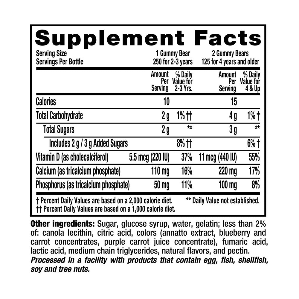 Kẹo gấu bổ sung Canxi cho trẻ em L’il Critters Calcium +D3 250 Gummies - hình ảnh chi tiết 3