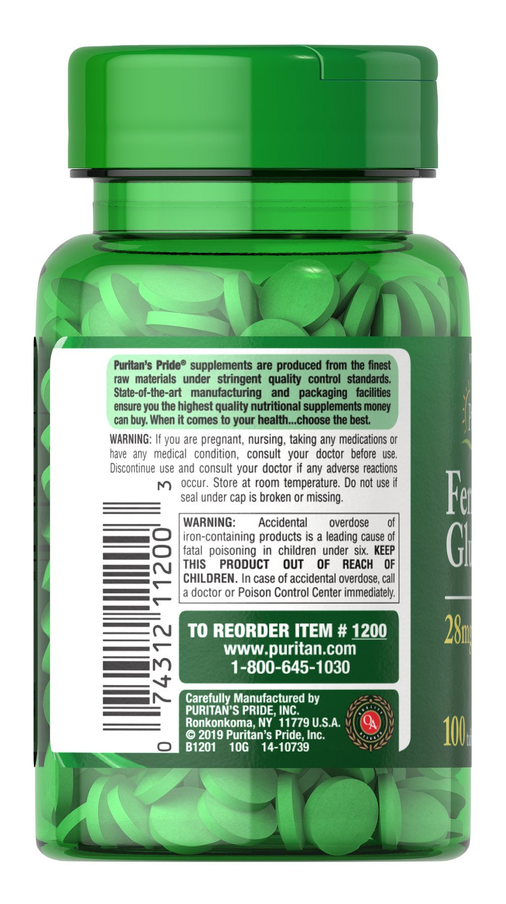 Viên uống bổ sung sắt Ferrous Gluconate 28mg Iron Puritan's Pride 100 viên - hình ảnh chi tiết 2
