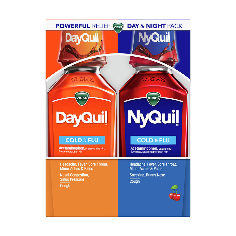 Set 2 chai Siro trị ho, cảm cúm Vicks Dayquil & NyQuil Cold & Flu Relief Liquid - Acetaminophen - 708ml - hình ảnh sản phẩm chính