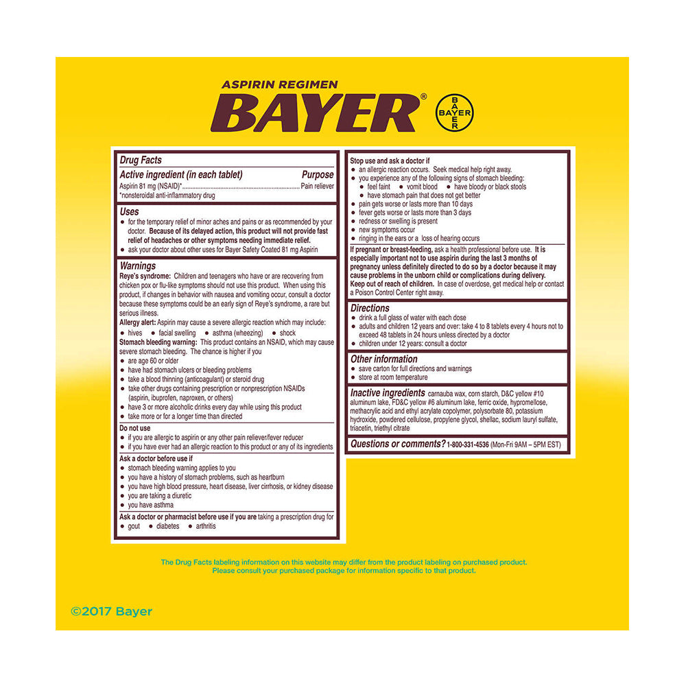 Viên giảm đau và ngăn ngừa nhồi máu cơ tim Bayer Low Dose Aspirin 81mg 400 viên - hình ảnh chi tiết 3