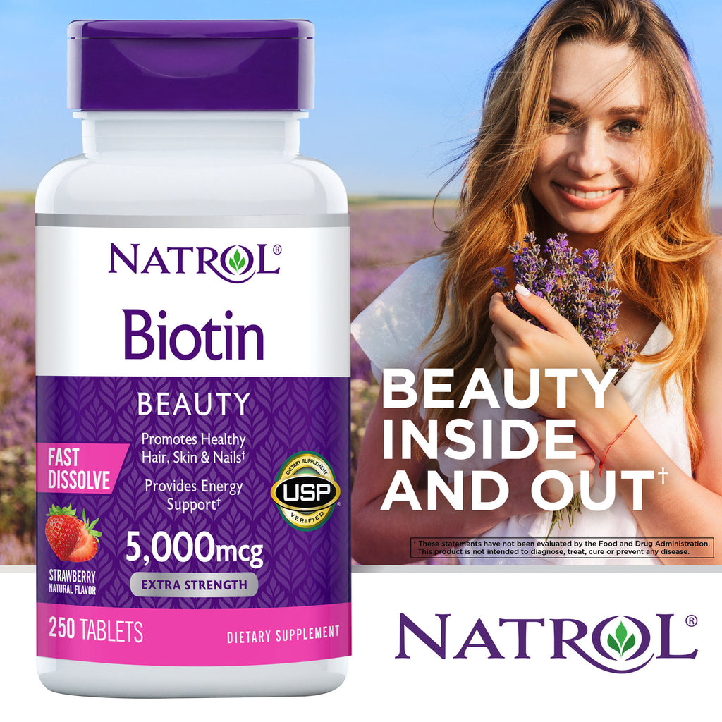 Viên nhai đẹp da tóc và móng Natrol Biotin Beauty 5000mcg 250 viên của Mỹ - hình ảnh chi tiết 4