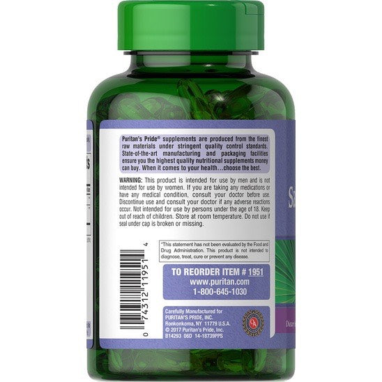 Viên uống hỗ trợ tuyến tiền liệt và tiết niệu Puritan's Pride Saw Palmetto Extract lọ 180 viên - hình ảnh chi tiết 2