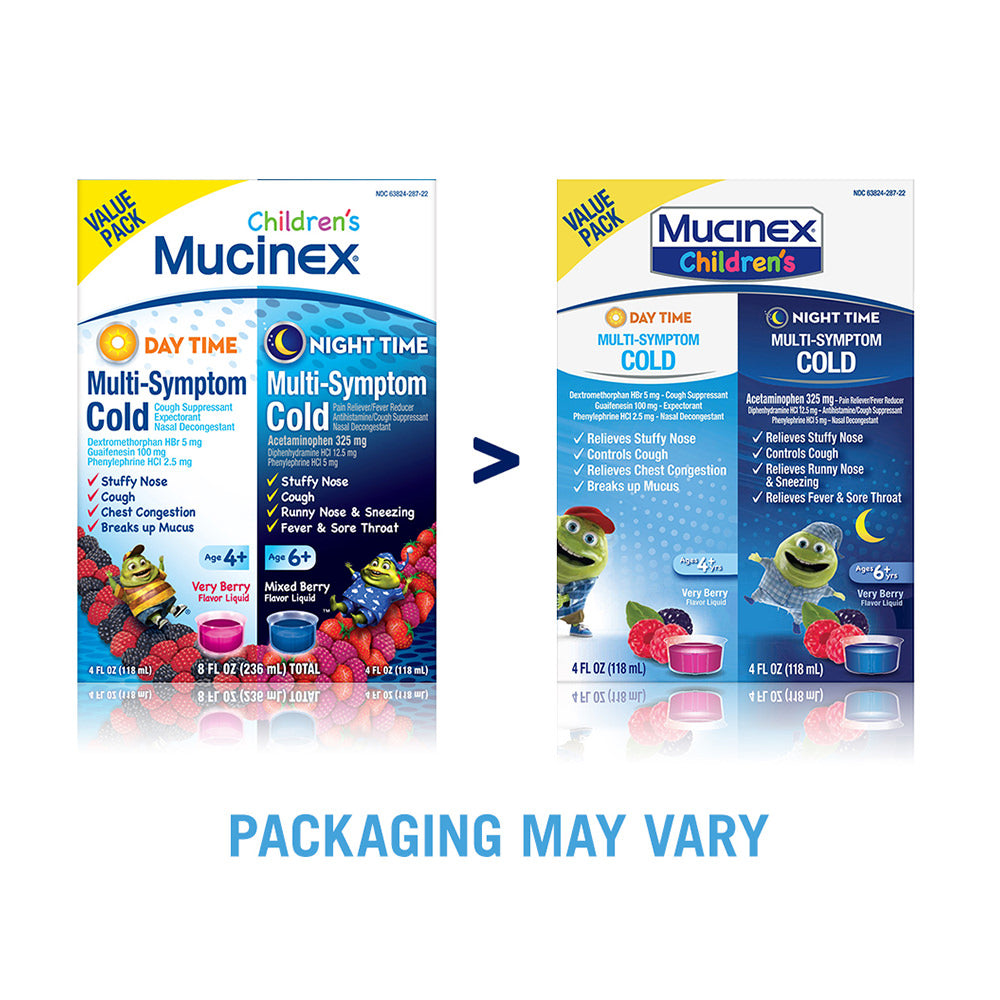 Siro ho trẻ em Children's Mucinex Multi-Symptom Day & Night Cold Relief Liquid - Dextromethorphan - Mixed Berry - 201ml - hình ảnh chi tiết 3