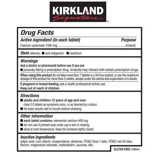 Viên nhai chống đầy hơi Kirkland Signature Ultra Strength Antacid Calcium 1000mg 265 viên - hình ảnh chi tiết 3